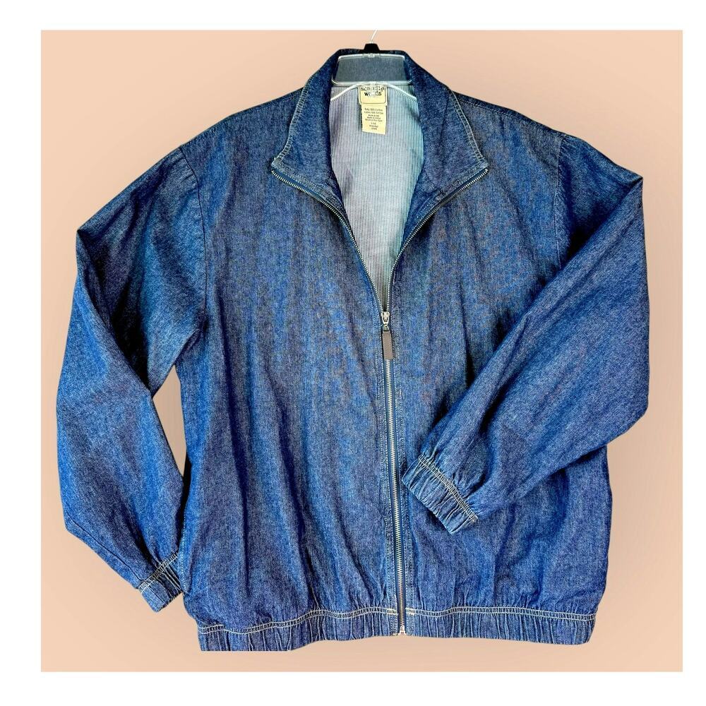 Scandia Woods Vintage 90s Mens L Full Zip Blue Denim Bomber Jacket Oversized